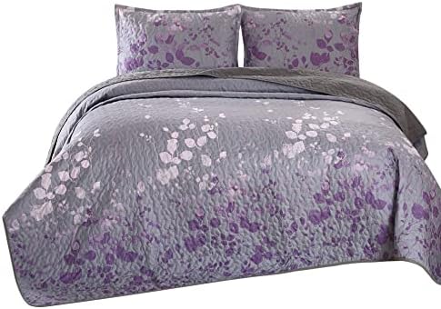 Masterplay 3-Piece Fine Printed Quilt Set, Bedspread Coverlet Full Size (Double) Bed Cover (Dark Grey, Purple Gradient, Vine)