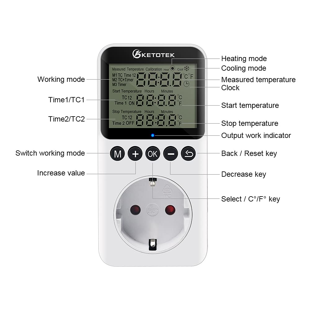 KT3200 Thermostat Plug Minuterie Prise Électronique Régulateur de Température Régulateur Minuterie Prises avec Capteur 3M Chauffage Refroidissement pour Serre Reptile