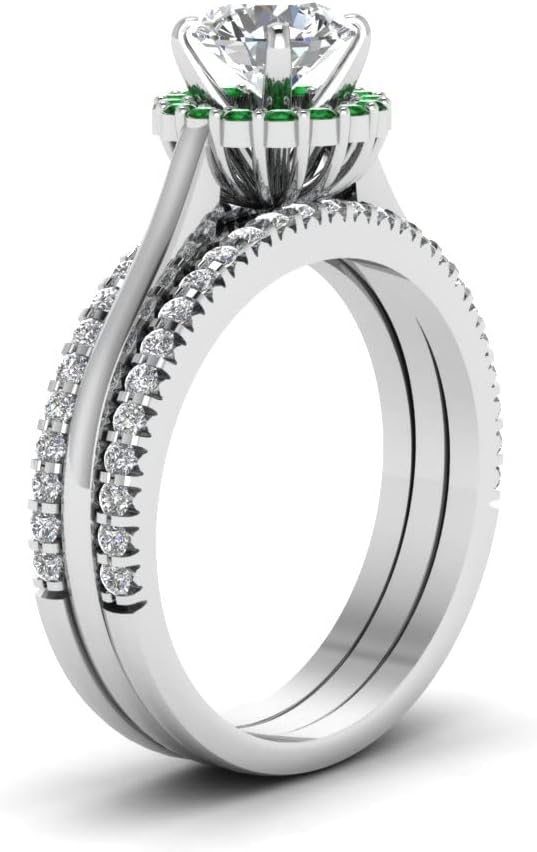 Choose Your Gemstone Round Halo Diamond CZ Trio Band Set 925 Sterling Silver Round Shape Trio Wedding Ring Sets Minimal Modern Design Birthday Gift Wedding Gift US Size 4 to 12