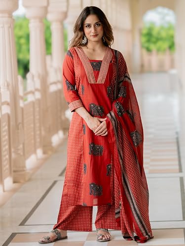 Image of Arayna Women's Pure Cotton Printed Kurta Pants Dupatta Set | Elephant Motif Ethnic Suit Set | Traditional 3-Piece Set for Women