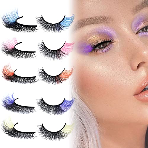 Colored Lashes Cat Eye Strip Lashes With Colors Natural Look 3D Christmas Lashes 5 Colors Mixed Pink Lash Pack by Mavphnee