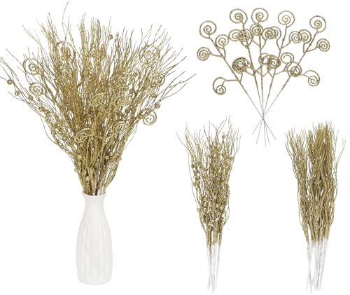 ICBOX 20PCS Glitter Artificial Curly Berry Stems Ornaments Fake Christmas Candy Picks Decorative Glitter Sticks Branches Combo Set for Xmas Tree Wreath Crafts Vase Filler Home Decor (Gold)