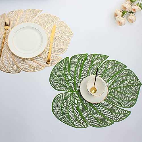 Evevda Green Leaf Shaped Vinyl Placemats For Dinner Table Set Of 6 Metallic Plastic Green Place Mats Wipeable 6Pcs Table Mats For Wedding Annersary Dinner Table Decoration Mats(17.7X13.8Inch/45X35Cm) #TOP2