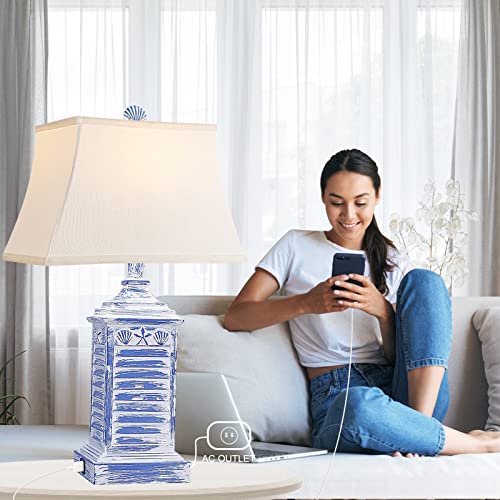 Coastal Table Lamps For Bedrooms Set Of 2 Farmhouse Bedside Lamp For Living Room Modern 3-Color Temperature Blue Washed Nightstand End Tables Lamp With Usb Ports And Ac Outlet (Bulbs Included) #TOP2