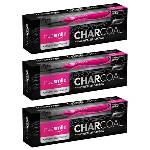 Truesmile Pasta de dientes de carbón y menta con carbón activado y juego de cepillos de dientes, 3 unidades de 100 ml