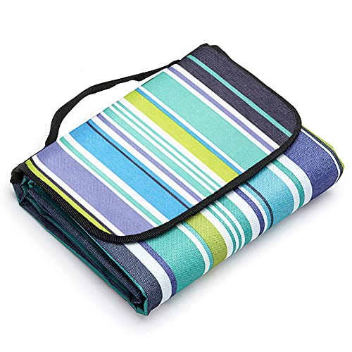 LIVEHITOP 150×200cm Picnic Blanket Waterproof Backing, Sandproof Beach Rugs Large Outdoor Mat with Handle for Camping BBQ Hiking Family Summer Blue Stripe 150 x 200 cm (Square)
