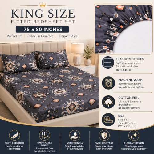 Image of King Size Fitted Bedsheet 75 inchx80 inch 2 Covers-Darkgrey