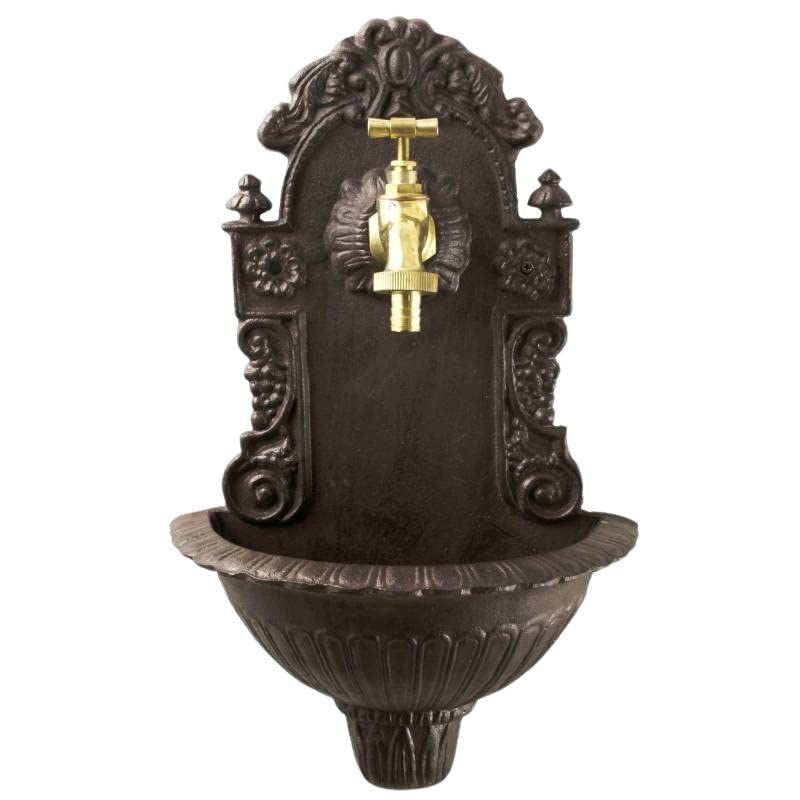 Fontaine de Jardin de Charme Murale Source Fonte Patinée Marron avec Robinet Fonctionnel en Laiton 14x25x40cm