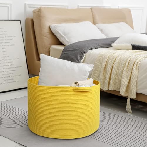 Image of MEGASKET Extra Large Yellow Basket, 22 inch X 22 inch X 14 inch Cotton Rope Yellow Decor for Living Room Bedroom, Woven Basket for Blanket, Laundry, Towel, Shoe, Baby Nursery Toy Organizer, Room Decor Storage Bin