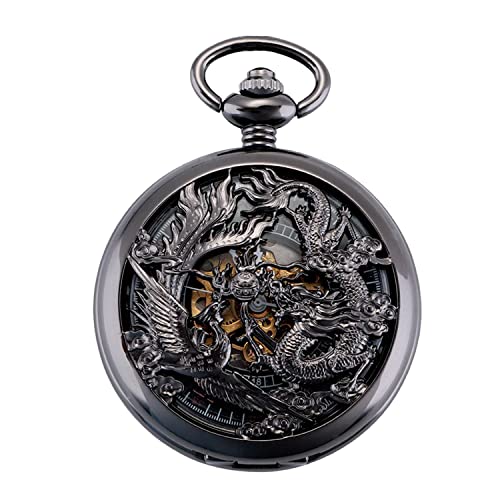 Image of ManChDa Antique Mechanical Pocket Watches for Men Lucky Dragon Phoenix Pocket Watch with Chain Skeleton Dial Roman Numerals Gifts for Fathers Day