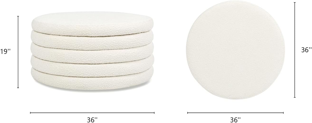 Ivory White Boucle Tufted Round Cocktail Ottoman with Storage