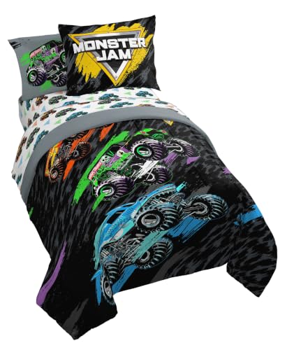 Image of Monster Jam Trucks Full Size Comforter Set 7 Piece Kids Bedding, Black | Grave Digger Megalodon, Comforter Sheets Shams Pillowcases, Official Product, Soft Microfiber, Machine Washable, Boys Gift