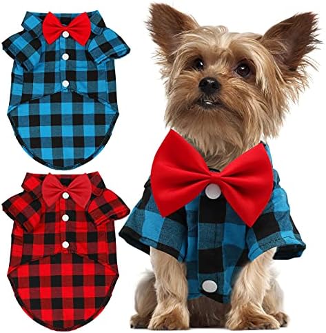GINDOOR 2 Pack Plaid Dog Shirt - Cute Boy Dog Clothes and Bow Tie Combo Dog Outfit Dog Clothes for Small Medium Large Dogs Cats Birthday Party and Holiday Photos