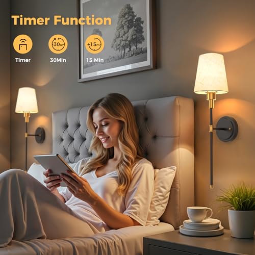 Image of DORESshop Battery Operated Wall Sconce Set of 2, 7 Color Wireless Wall Light Easy to Install, Sconce Wall Decor Set of 2 for Bedroom, Living Room, Fabric Linen Shade, Gold and Black, 24.6in