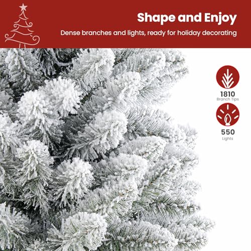 Image of SHareconn 9ft Snow Flocked Spruce Pre-lit Artificial Christmas Tree, White | 550 Warm White Incandescent Lights, 1810 Branch Tips, Foldable Metal Stand, Full Snow Flocked Xmas Tree for Holiday Decor