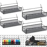 Shimeyao Pegboard Baskets Bins Set 4 Pcs Metal Pegboard Baskets with 8 Pcs Black Hooks, Organizer Accessories for Garage Workbench Kitchen Office Craft Room
