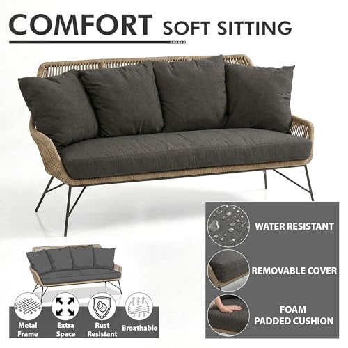 Image of Amazon Brand - Solimo Solix Outdoor Rope Sofa Set | Balcony Sofa | Patio Conversation Sets | Braided Rope Garden Sofa Set and Center Table (5 Seater- Beige+Brown)