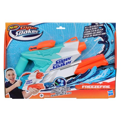 Image of Nerf Super Soaker FreezeFire Water Blaster | Add Ice Cubes for Ice-Cold Blasting | 591 ml | Water Blast Range-38 feet | Pichkari-Outdoor Water Games | Branded Toy Pichkari for Holi | Kids Ages 6+