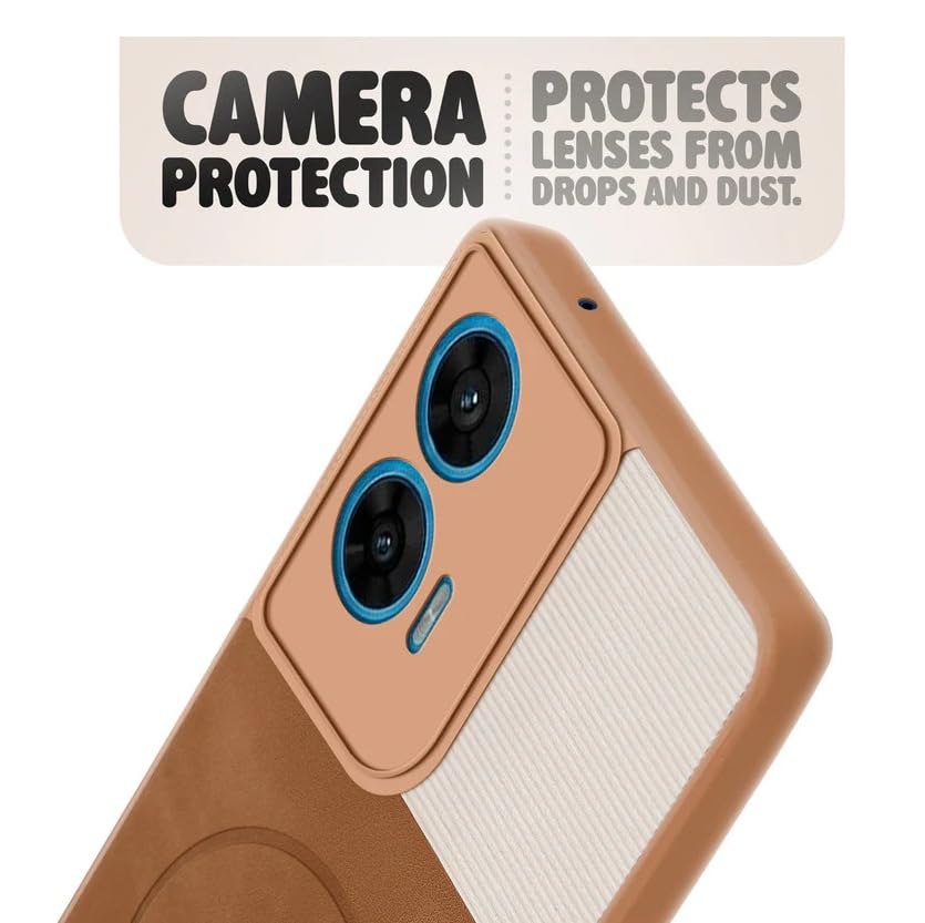 Image of Bintage CASE Mac Safe Design Hard Light Weight Back Case | Soft Border Camera Protect | Dual PU Leather Finish Back Cover Compatible for Motorola Moto G85 5G - White & Brown