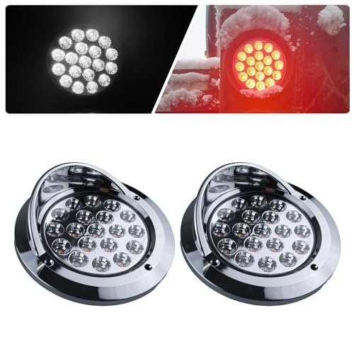 XtraGlow 4 inch Round Dual Revolution LED Tail Lights Red Stop Turn Tail Lights and White Backup Reverse Lights Kit for Truck Trailer RV Jeep with Rubber Grommet Chrome Plated Visor IP67 Waterproof