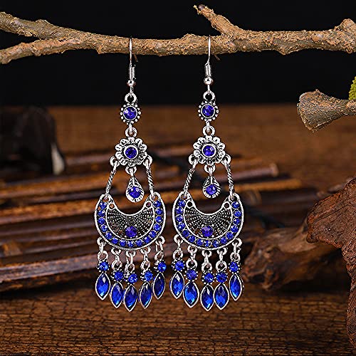 Vintage Crystal Fan Drop Earrings Bohemian Rhinestone Moon Shape Long Tassel Dangling Statement Earring For Women Girls Fashion Jewelry Accessories Gift (Royal Blue) #TOP2