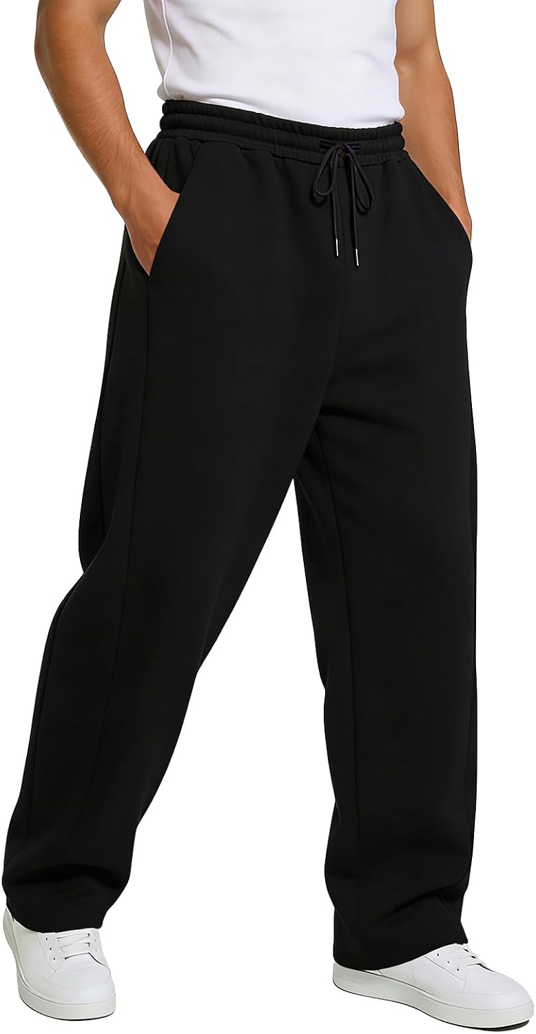 BUXKR Men's Baggy Sweatpants Wide Leg Sweat Pants Fleece Lounge Cotton Loose Elastic Drawstring Waist Pants with Pockets