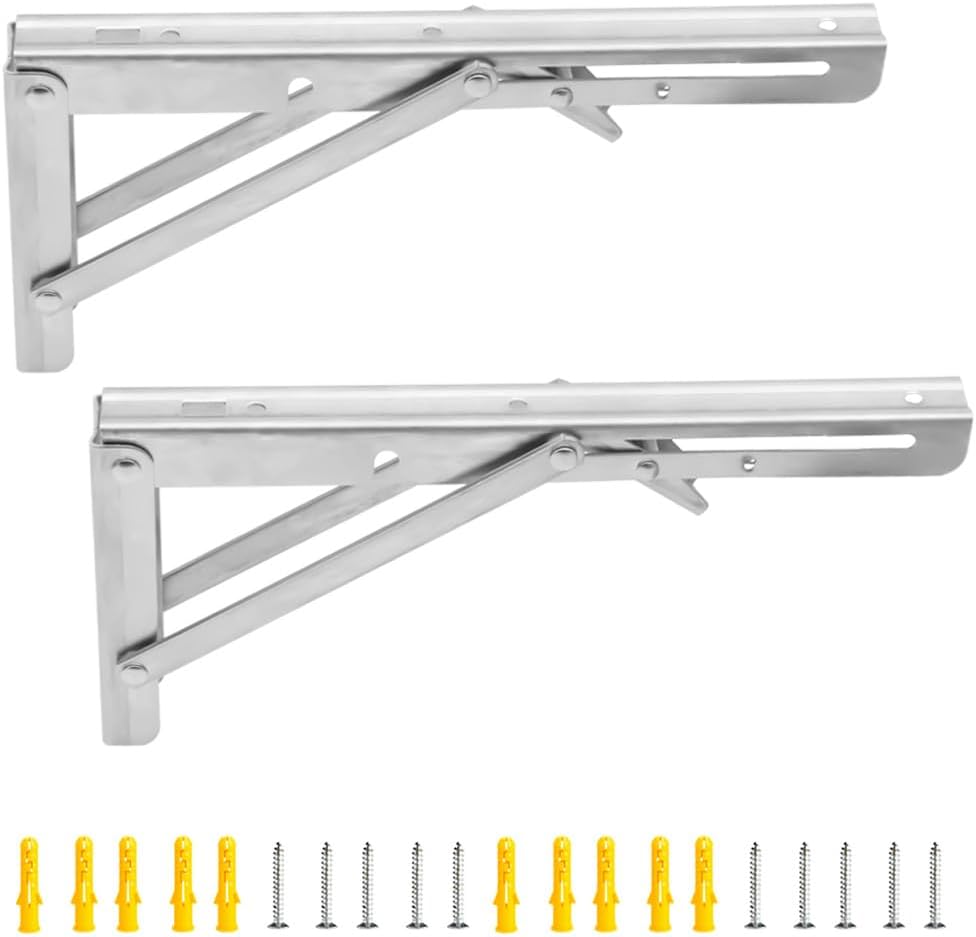 2Pcs Folding Shelf Brackets 200mm Metal Support Bracket Wall Mounted Folding Table Hinge for Kitchen Bedroom Work Bench (ZD/Black/8in)