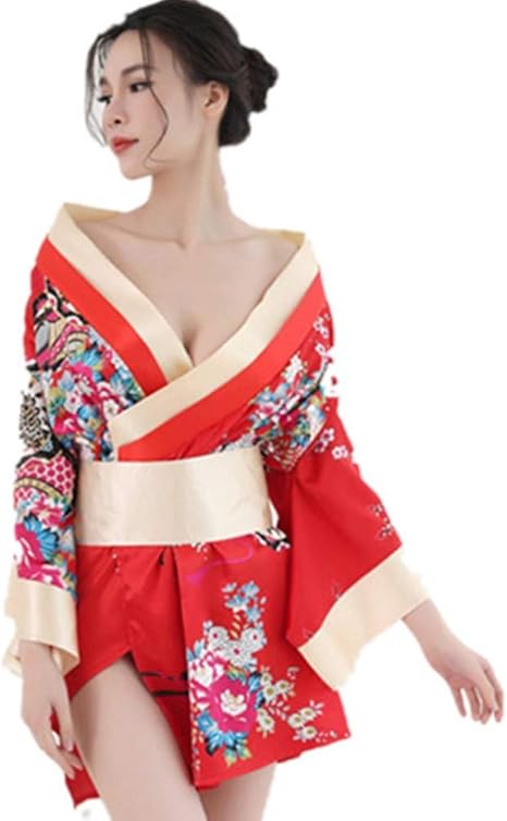 Amazon 和服 コスプレ衣装 仮装 レディーズ 春夏 和風 着物 浴衣 花柄 日系 ベルト付き 紐なし パジャマ ミニ レディース フリーサイズ 学園祭 体育祭 コスプレ変装 ガウン リボンベルト Tショーツの3点セット レッド コスプレ 仮装 通販