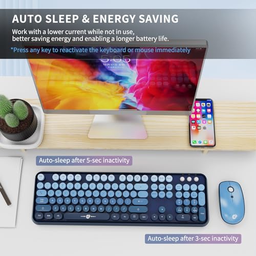 FOPETT Wireless Keyboard and Mouse Combo - 2.4G Full-Sized Cute Colorful Mouse and Keyboard with 104 Round Keys Retro Typewriter Keyboard for Laptop/Windows/PC - Blue Gradient by FOPETT - Image 5