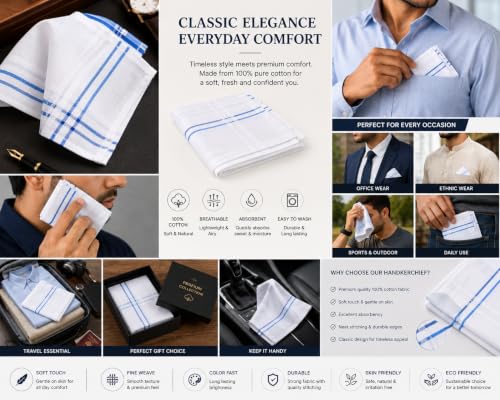 Image of Men's Cotton Handkerchief, White with Blue Stripes