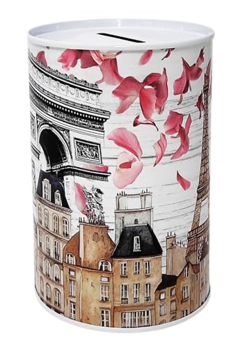 Tirelire Design Paris Éléments caractéristiques de la ville et monuments Tour Eiffel Notre Dame Arc de Triomphe en Métal Étain non ouvert 13 x 8 cm