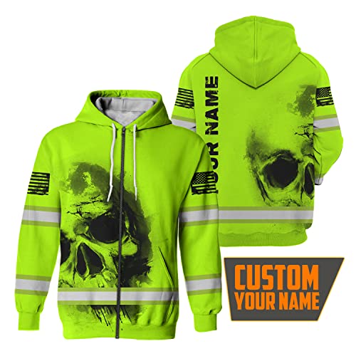 Style Hivis Safety Jacket Black Skull Us Flag Customize Name High Visibility Jackets For Men Reflective Jacket Construction Workwear For Runners, Walkers, Trucker, Operator, Patriotic-S #TOP1