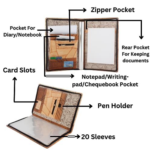 Image of Professional PU Leather Multipurpose B4 Size Document Holder 20 Leafs Zipper File Folder Organizer for Certificates, Marksheets, Degrees, Interview Portfolio, Important Documents (Beige-Brown)