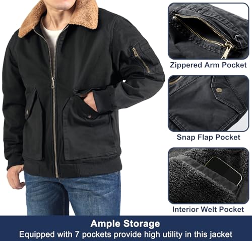 LOUECHY Men's Washed Cotton Military Jacket Sherpa Lined Utility Jacket Thick Warm Winter Jacket4