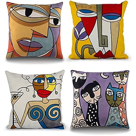 Topfinel Pack of 4 Canvas Cushion Covers Embroidery Craft Soft Pillowcase 18x18 Inch Picasso Abstract Painting Funky Decorative Throw Pillow Cover for Sofa Bedroom 45cm x 45cm Cover