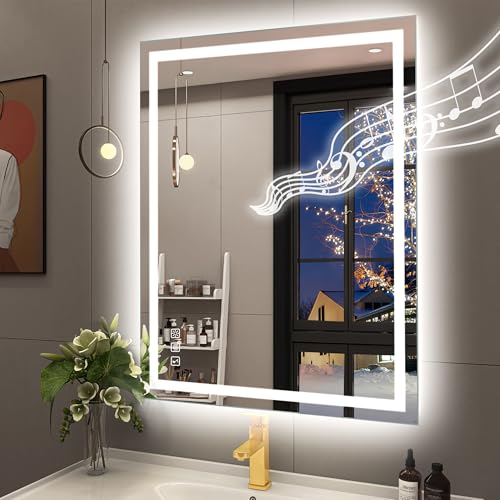 STARLEAD Led-Bathroom-Mirror-with-Lights, 28"x36" Wall-Mounted with 3 Colors Dimmable Light, Bluetooth Speaker, Anti-Fog, Memory, Tempered Glass, Front & Backlit (Horizontal/Vertical) Silver