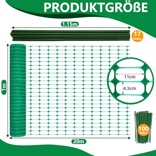 Warmfay Gartenzaun 1m Hoch, 20m Lang, Hundezaun Mobiler mit Pfähle und Kabelbindern, Universal PE Begrenzungszaun, Zaun ohne Strom, für Garten, Haus, Hof