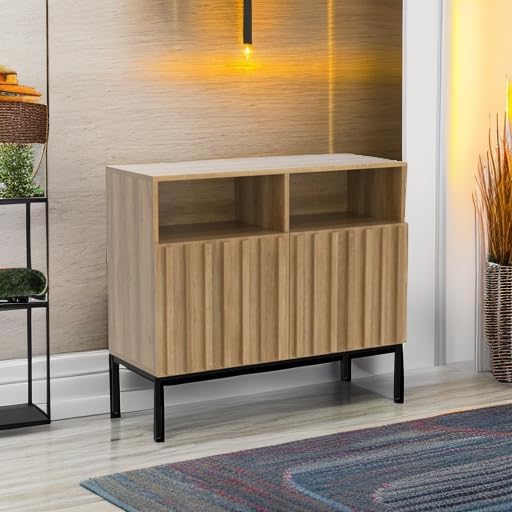 mopio Norwin Storage Cabinet, Modern Rustic Industrial Buffet Sideboard, Accent Console Credenza, Fluted Panel Doors, Adjustable Shelves, Sturdy Metal Legs with Leveler for Living Room (Single)