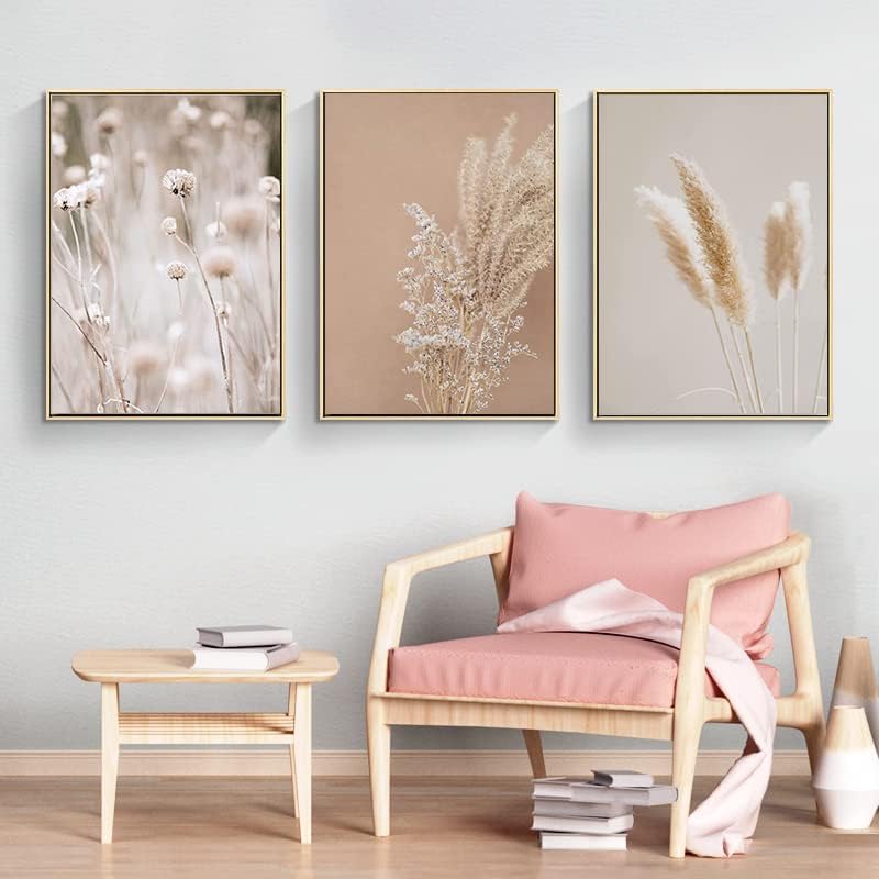 Set Di 3 Quadri Su Tela Con Fiori Moderni Stile Boho - Dimensioni 40x60 Cm Ciascuno, Colore Beige/naturale