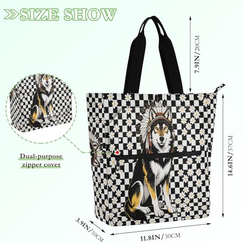 Decorative Book Bag Art Tote Bag for Kids Students Adults, Wolf White Black Checked Lightweight Reusable Book Bag Grocery Bag with Zipper for School Shopping Beach Rainbow bolsa para llevar2