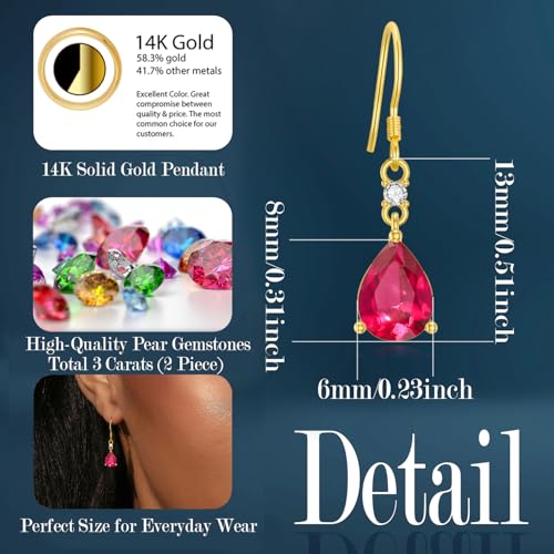 14K Gold Pear Birthstone Dangle Earrings for Women,Total 3 Carat Teardrop Created Gemstone Earring(6MM*8MM*2) Anniversary Birthday Mother's Day Jewelry for Mom Her4