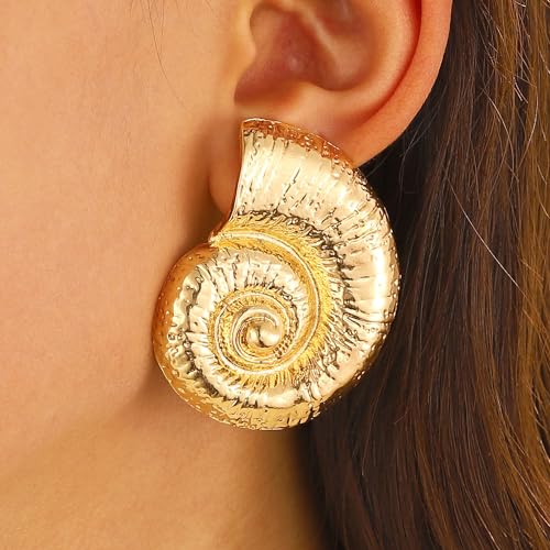 Boho Gold Conch Shell Statement Earrings for Women Trendy, Charm Large Conch Seashell Swirl Drop Studs Earring Round Holiday Beach Jewelry Gift 20253