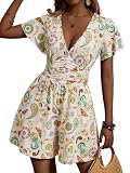 ZABERRY Womens Summer Rompers 2025 Sexy V Neck Short Sleeve Jumpsuit Apricot Floral Easter African Romper Dress Summer Overalls