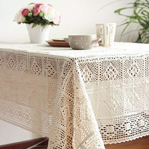 Selhome 100% Cotton Knitted Lace Tablecloth Shabby Chic Vintage Crocheted Tablecloth Handmade Cotton Lace Table Topper - Table Cover - 130X180Cm #TOP8