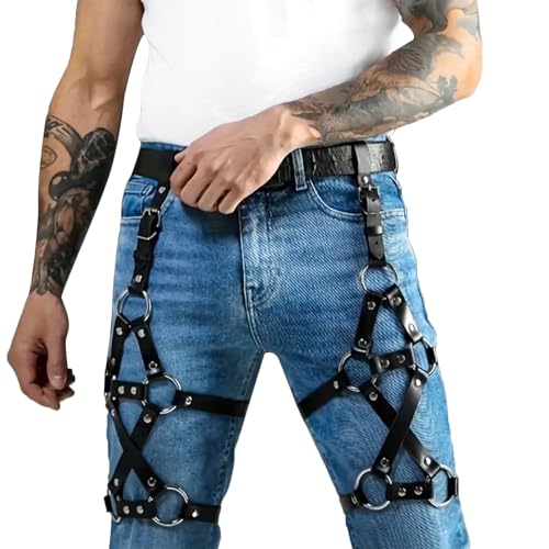 Men Harness Belt Waist Leg Thigh Garter Men's PU Leather Caged Thigh Holster Goth Sexy Punk Suspenders Cage Leg Garter Thigh Harness Men Restraints Leg Harness for Festival Rave Club Party