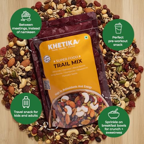 Image of Khetika Trail Mix 200g | 7 Superfood in 1 Mix | Dry Fruits & Seeds Mixed pack, Energy Power Pack Contains Almonds, Cashews, Cranberries,Black Raisins, Long Raisins, Pumpkin Seed, Blueberries