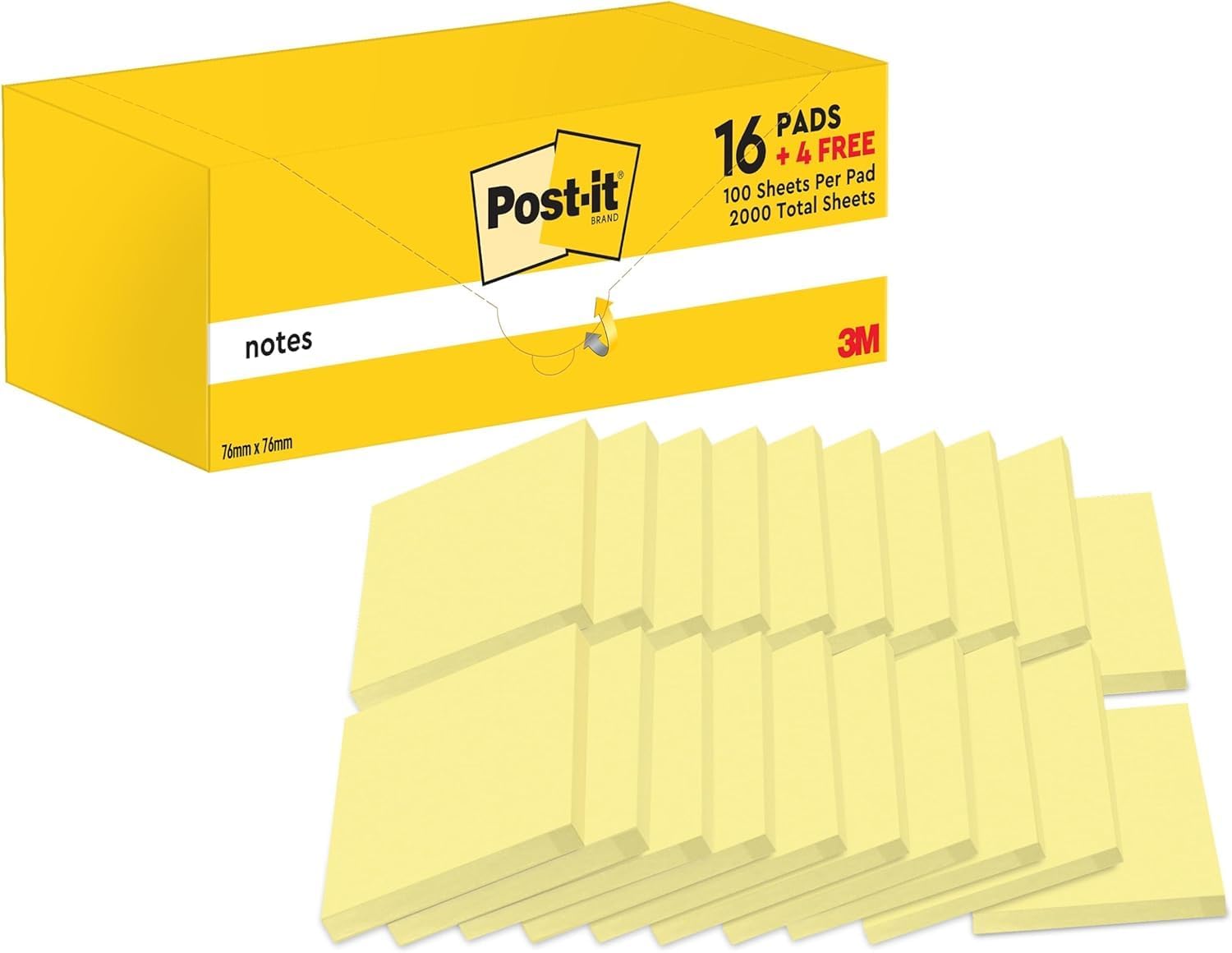 Notes Canary Yellow, Value Pack - 20 Pads, 100 Sheets per Pad, 76 mm x 76 mm, Canary Yellow - Self-Stick Notes for Note Taking, to Do Lists & Reminders, School and Office Supplies