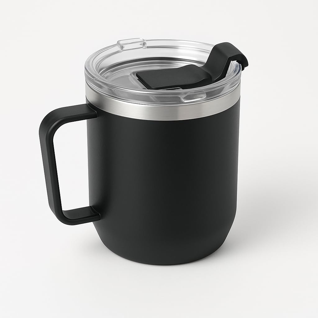 Stainless Steel Coffee Mug 350ml with Handle | Premium Clear Cap Mug with Lid Flip Top | Leakproof Travel Coffee Mugs, Tea Cup, Insulated Coffee Mug |Black