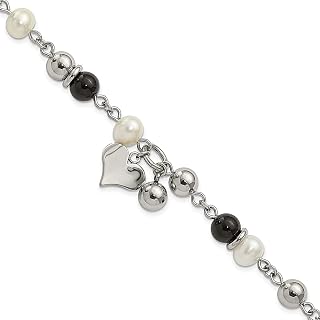 Pulseira de coração de cristal de pérola cultivada em água doce ônix de aço inoxidável amor pedra natural concha madeira joias modernas para mulheres presentes para ela, 8 inches, Cristal Cristal Pérola, Ónix Pérola