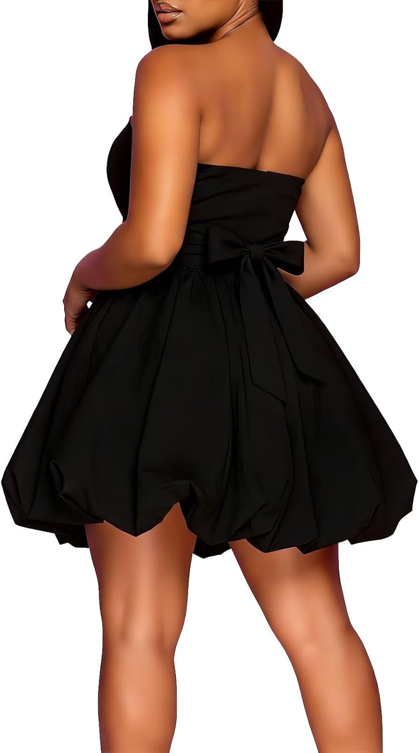 ENOPINK Women Tube Top Bubble Dress Sexy Strapless Mini Dress Ruched Waist Party Short Dresses